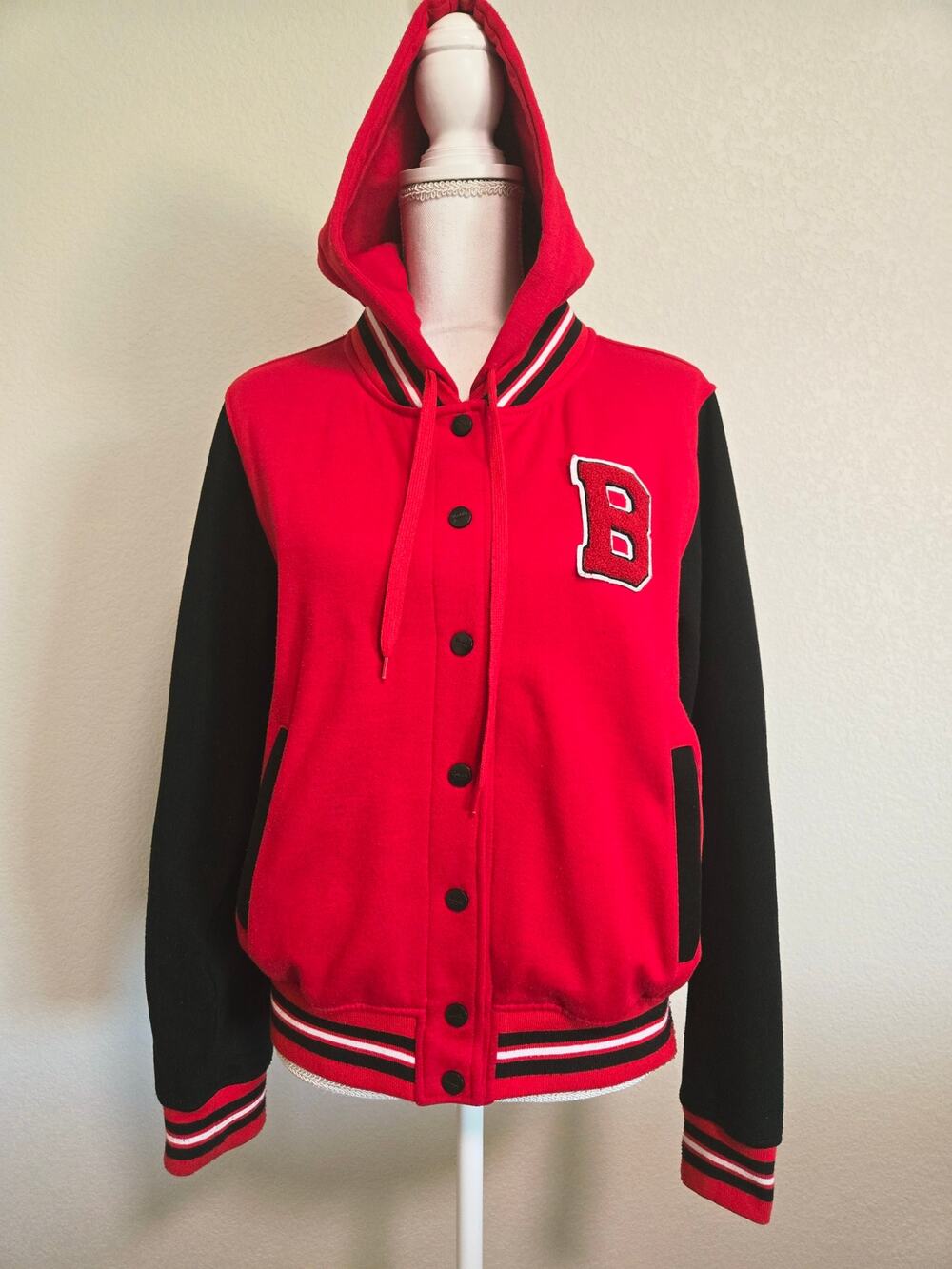 Riflessi Varsity Letterman Hooded Jacket Snap Front Red Black Letter B 2XL